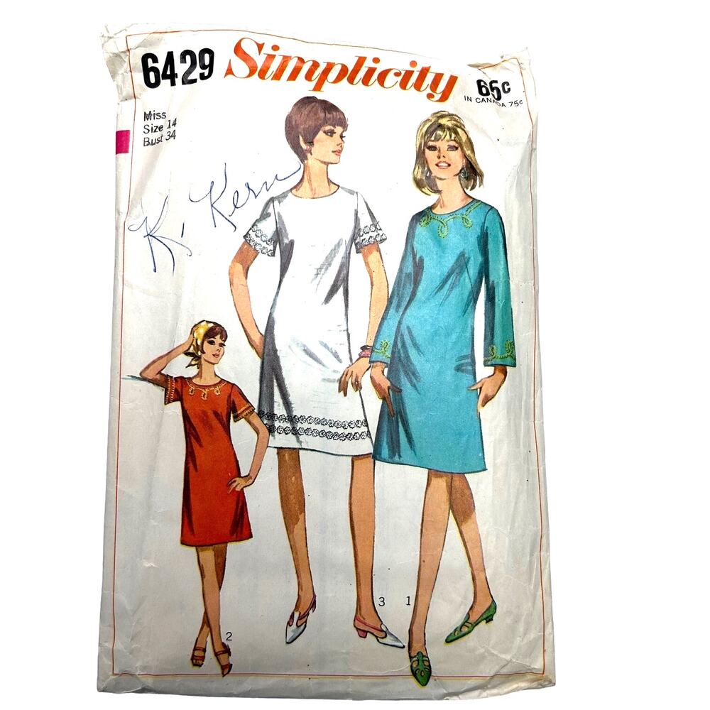 Simplicity Vintage 1960's‎ Pattern #6429 Misses One Piece Dress Size 14